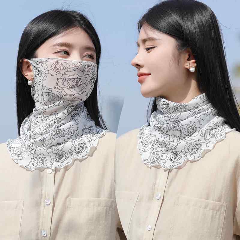日系波点围脖丝巾女蕾丝网纱长款围巾两圈套头护颈百搭时尚脖套圆