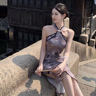 直播衣服女主播服装上镜国风年轻款性感露肩挂颈改良版旗袍洋装