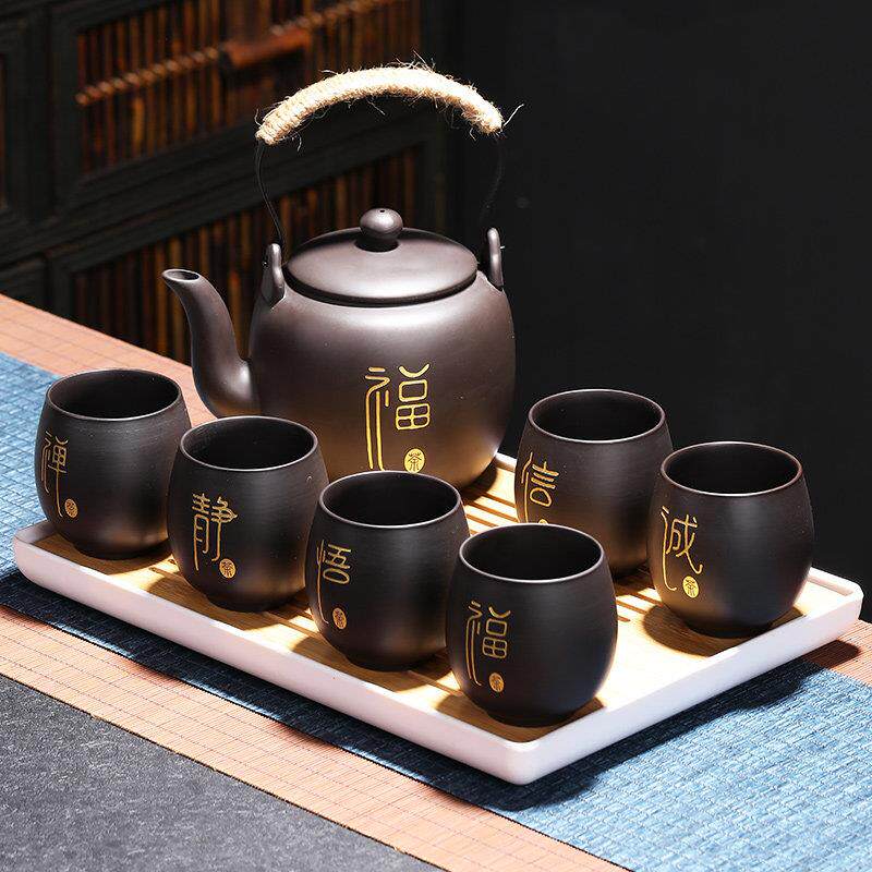 紫砂原矿陶瓷提梁壶茶具套组家用大号容量泡茶壶过滤客厅茶杯茶盘