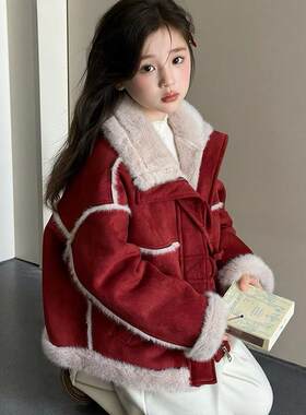 女童外套冬季2026新款女童皮毛一体外套儿童加绒红色拜年服厚大衣