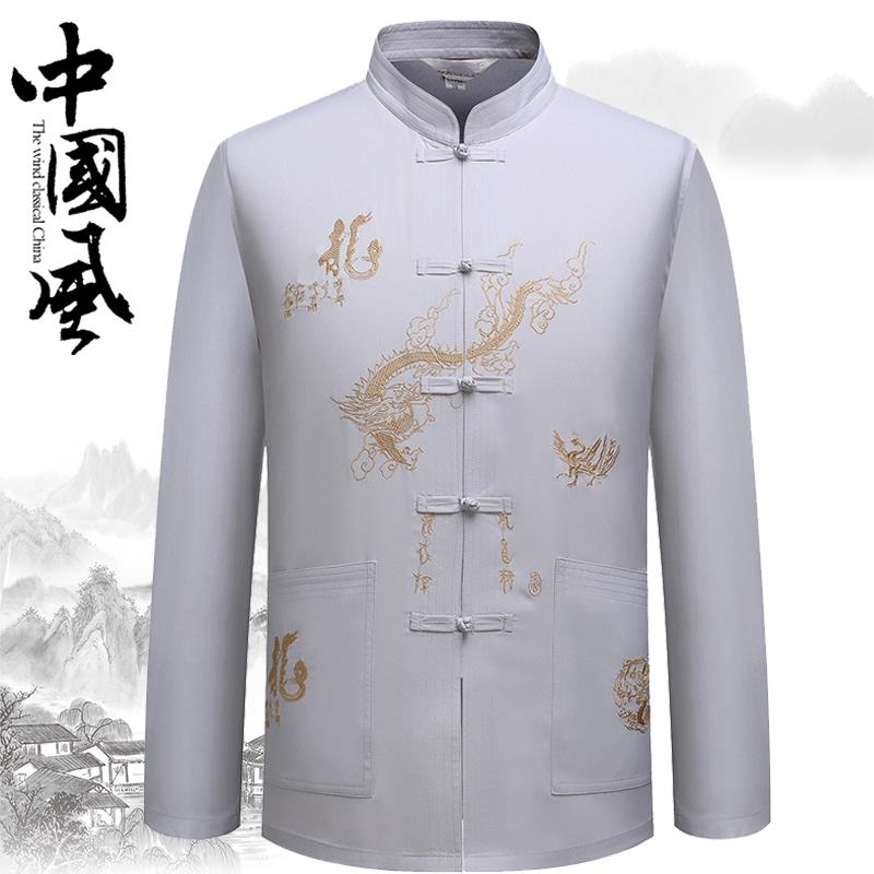 高档中老爷年人春秋夏装爷唐装男长袖衬衫式练立领刺绣爸爸中晨服
