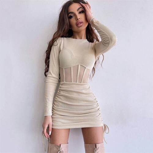 Mesh hollow waist dress for women, long sleeved pleated