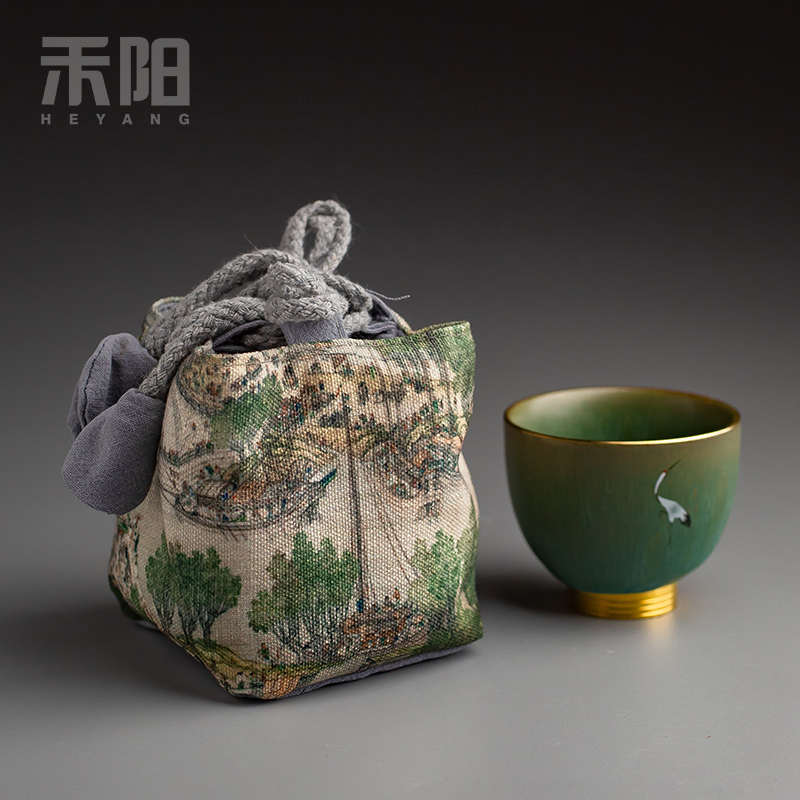 加厚棉麻收纳旅行包布袋茶壶公道杯茶具茶杯古画小号布包茶道配件