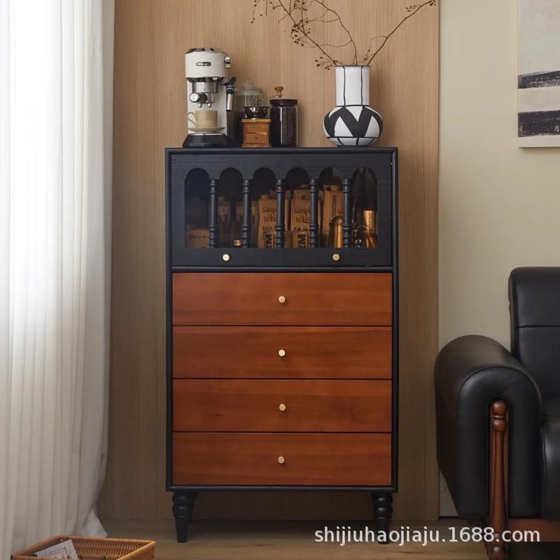 法式复古实木斗柜客厅靠墙电视柜边柜卧室储物柜中古风黑色收纳柜