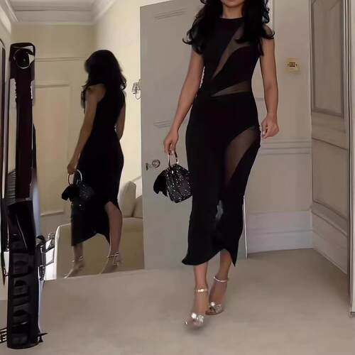 Mesh patchwork sleeveless vest dress for women