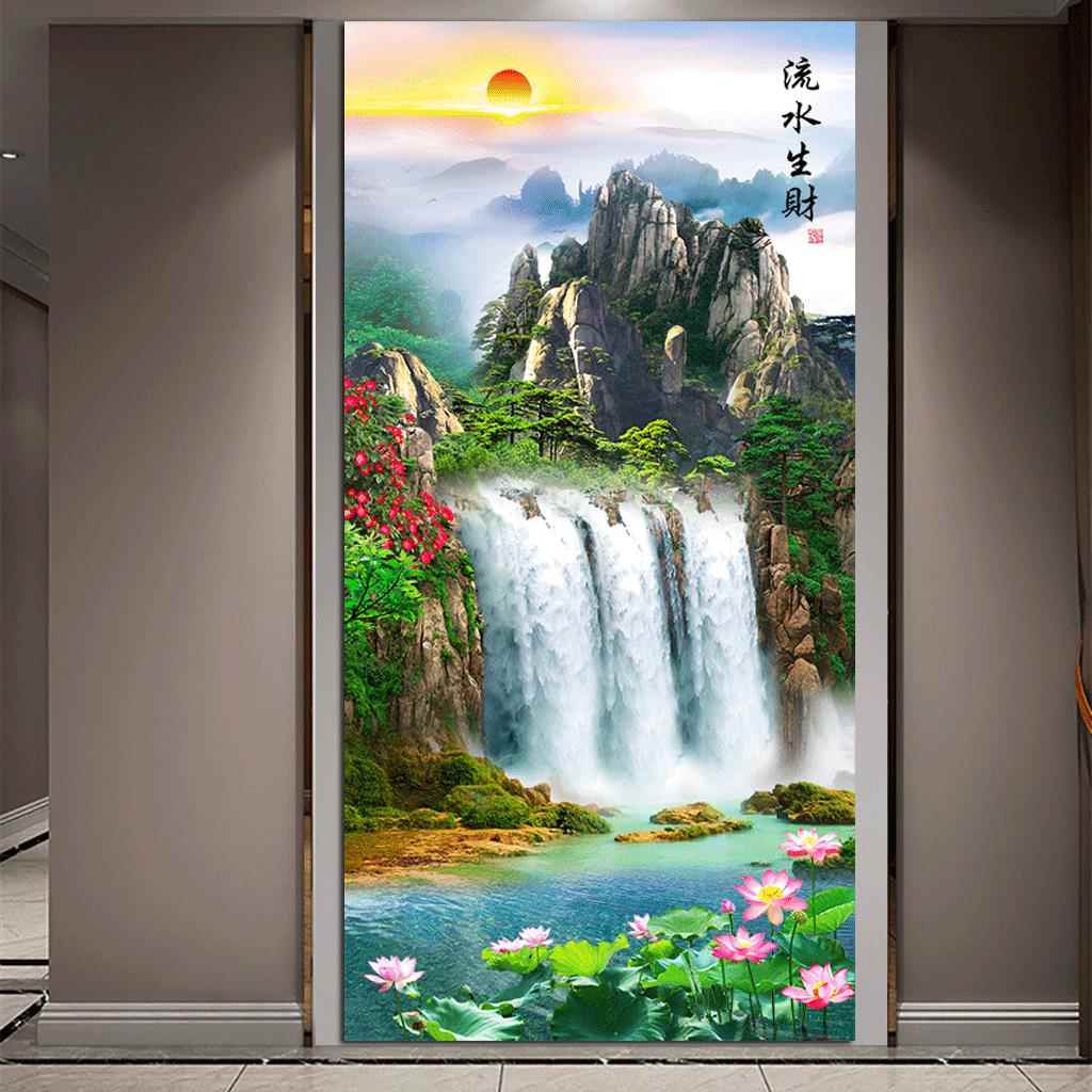 流水生财财源滚滚招财瀑布山水风景画玄关过道迎门海报壁画自粘画