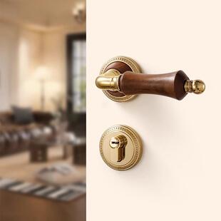 嘉森堡法式中古风卧室房门锁室内房间门把手胡桃木复古金色木门锁