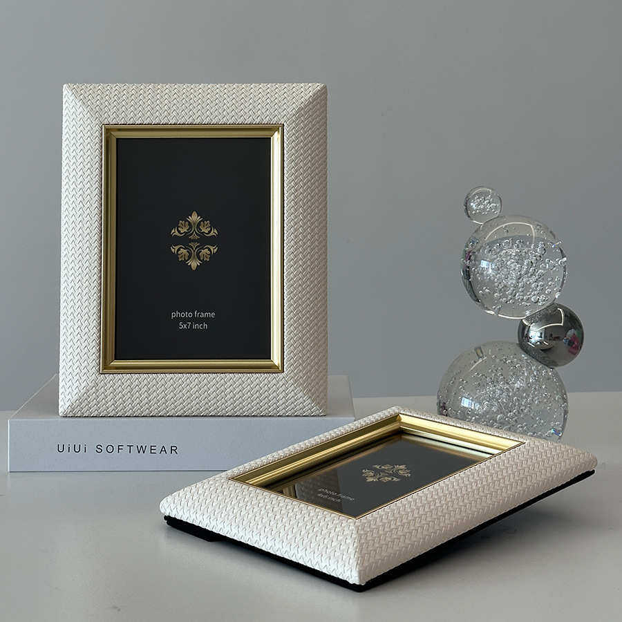 高端实木创意编织纹皮质相框样板房现代轻奢photo frame 金属相框
