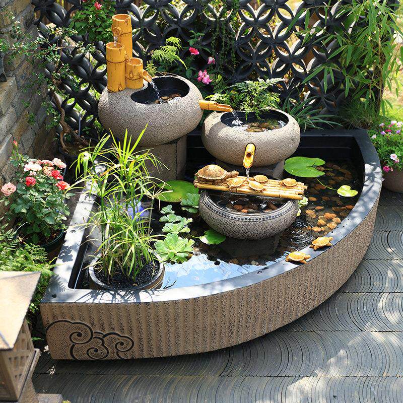 户外假山流水喷泉鱼缸 庭院新中式水景造景 汉韵匠石养鱼摆件