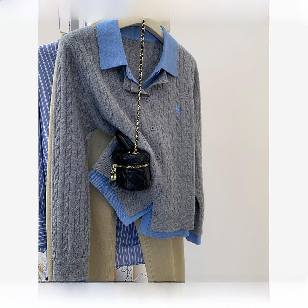 Rouje tusse灰色假两件麻花短款羊绒毛衣女秋冬针织开衫羊毛上衣