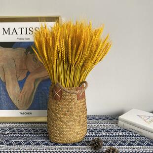 天然金色麦穗干花花束开业大麦客厅田园装饰摆件插花花蓝草编花盆