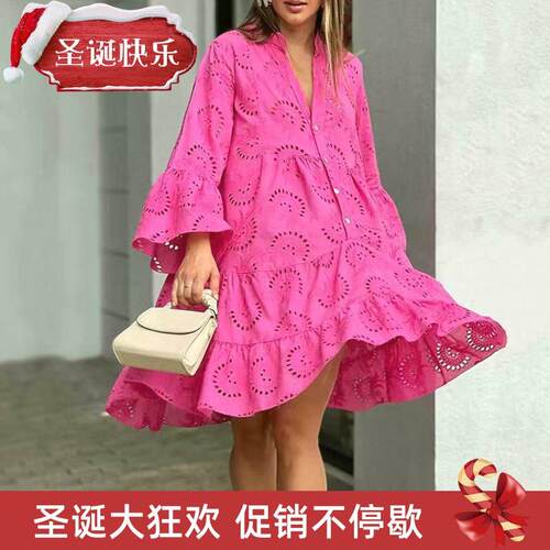 kCross17278471 border V-nec loose lacse large wing dress