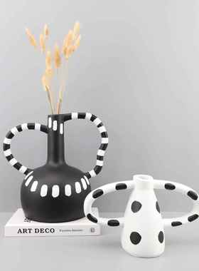 现代简约北欧极简黑白波点树脂摆件花器摆件样板房客厅软装饰品