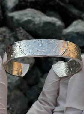 正品摩根币手工覆古神手银镯男创意个性欧美鹰飞女硬币s925纯银手