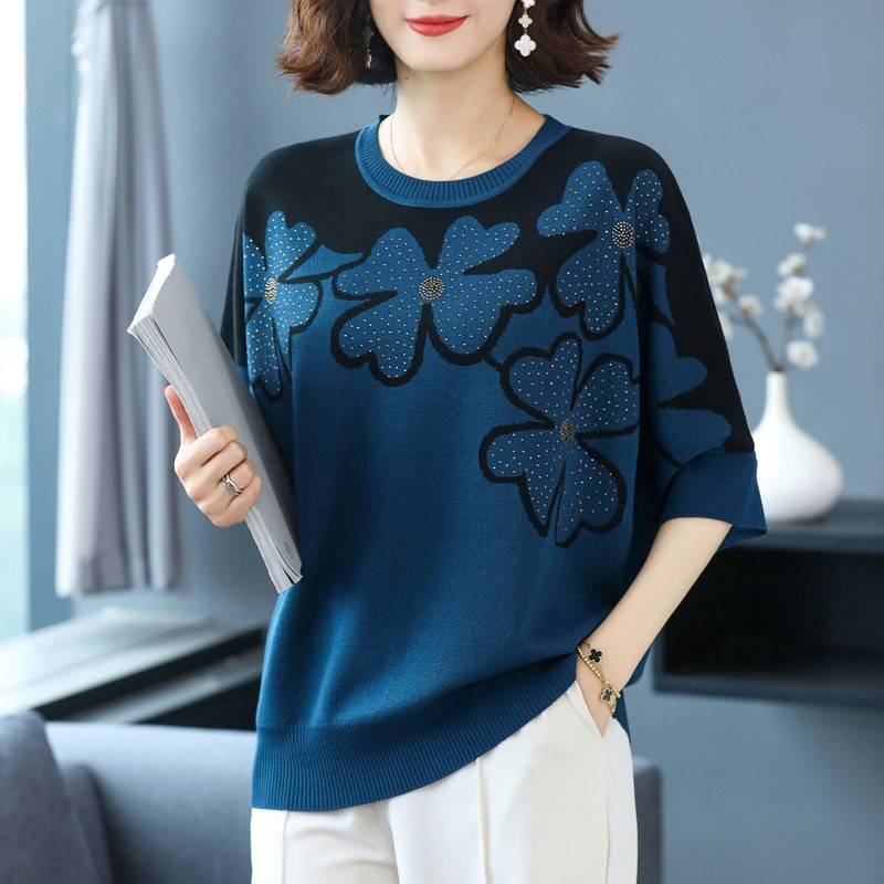 胖妈妈春秋薄款中袖上衣加肥加大码冰丝针织衫女洋气宽松遮肚T恤