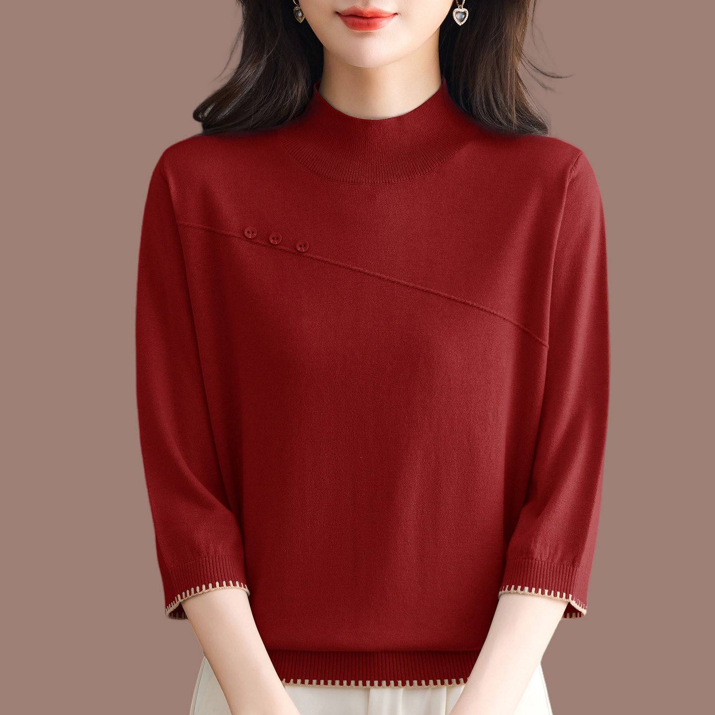 半高领中袖薄款针织衫女2026春夏季新款宽松七分袖T恤衫洋气上衣