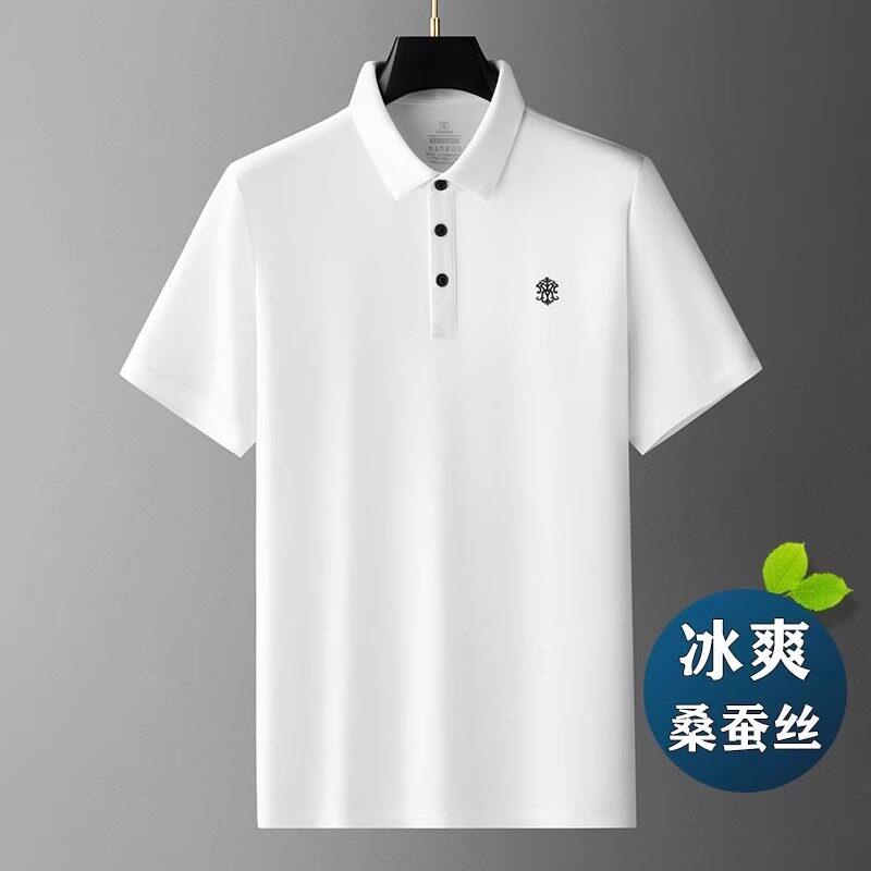 高端桑蚕丝短袖t恤男士夏季翻领白色polo衫商务休闲冰丝薄款上衣