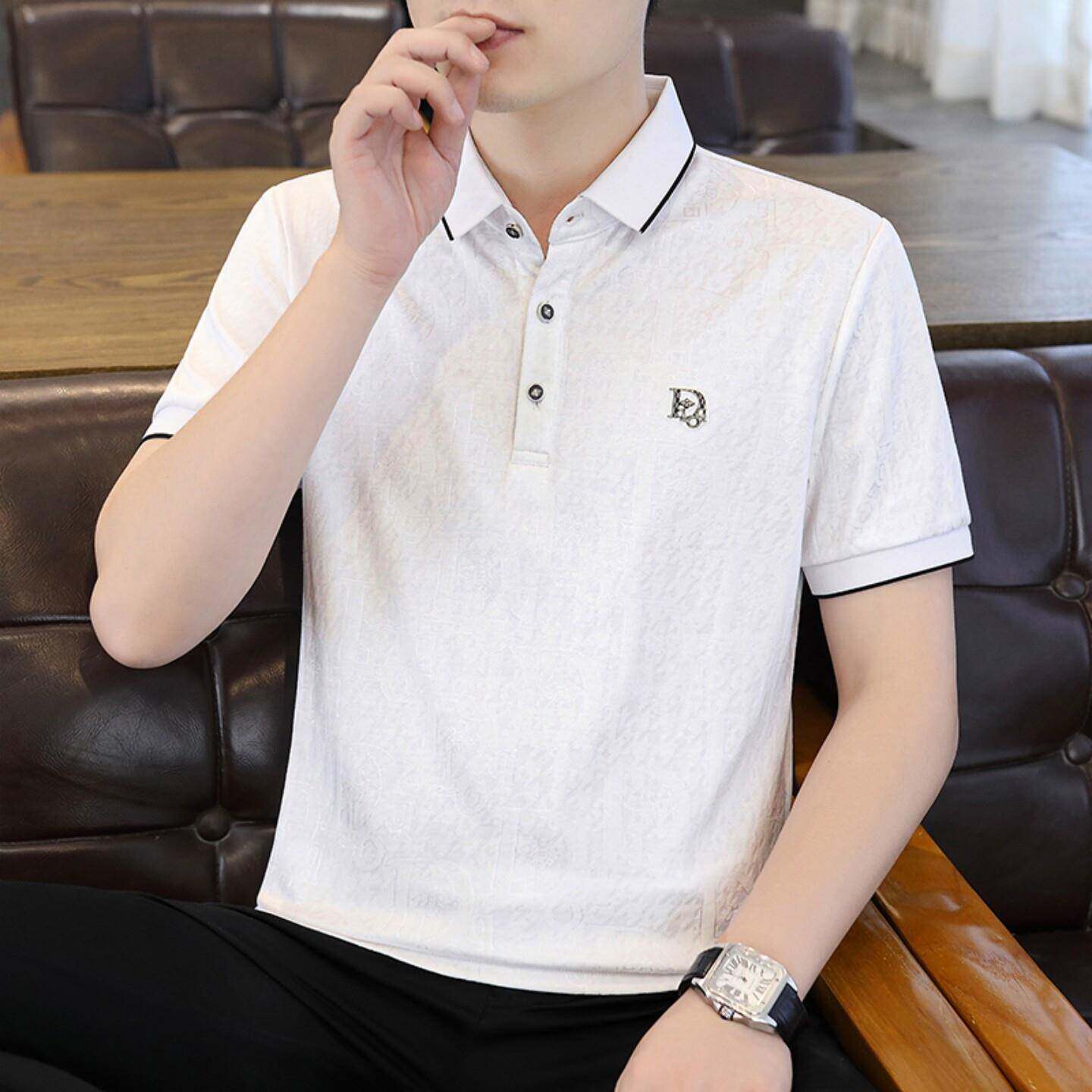 高端商务男士短袖polo衫冰丝夏季修身薄款翻领白色t恤男提花休闲