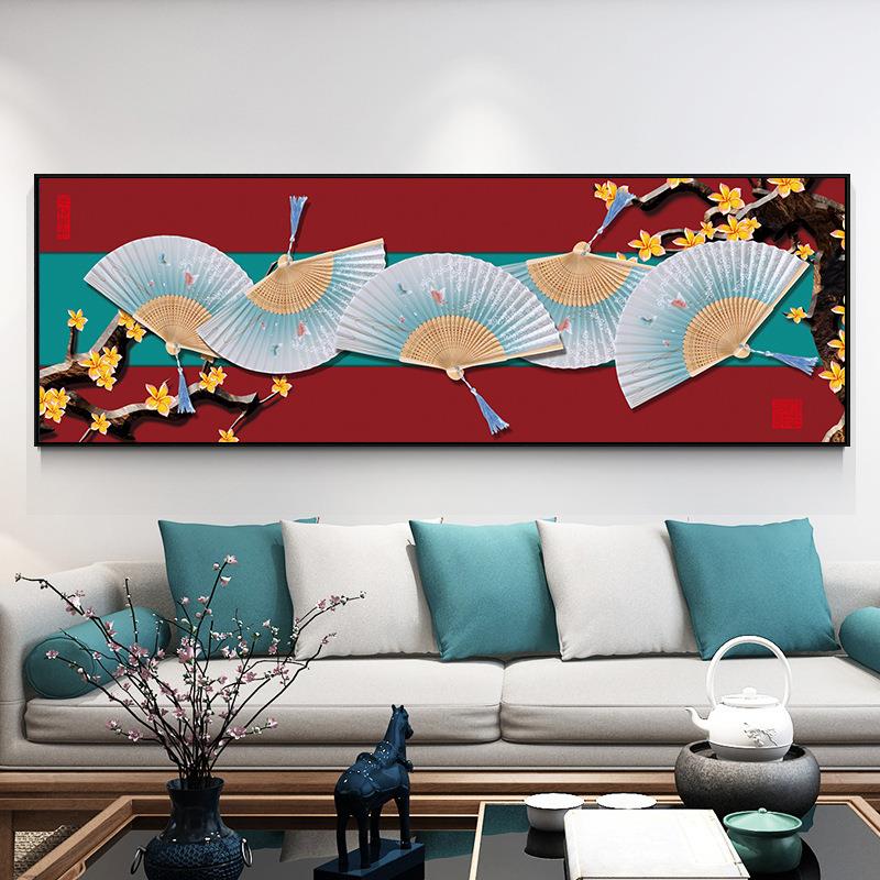 扇子新中式装饰画客厅沙发背景壁画茶室中国风红色横幅卧室挂画