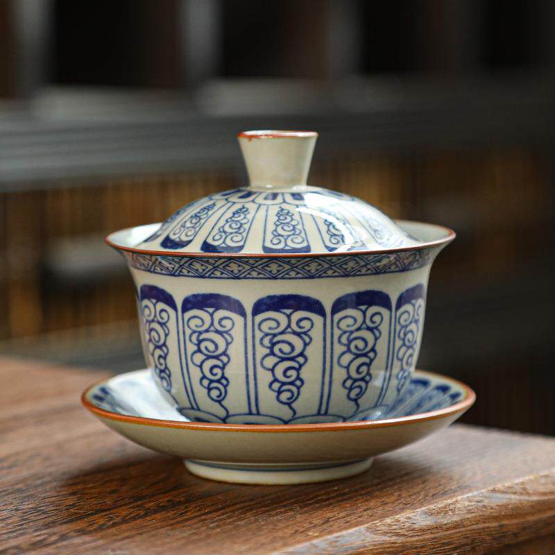 仿古青花三才盖碗陶瓷功夫泡茶杯单个泡茶盖碗家用防烫敬茶碗茶杯