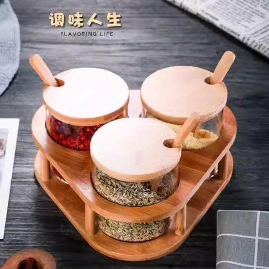 跨境调料罐厨房用品调味盒玻璃三件套装家用组合竹托装油盐调味瓶