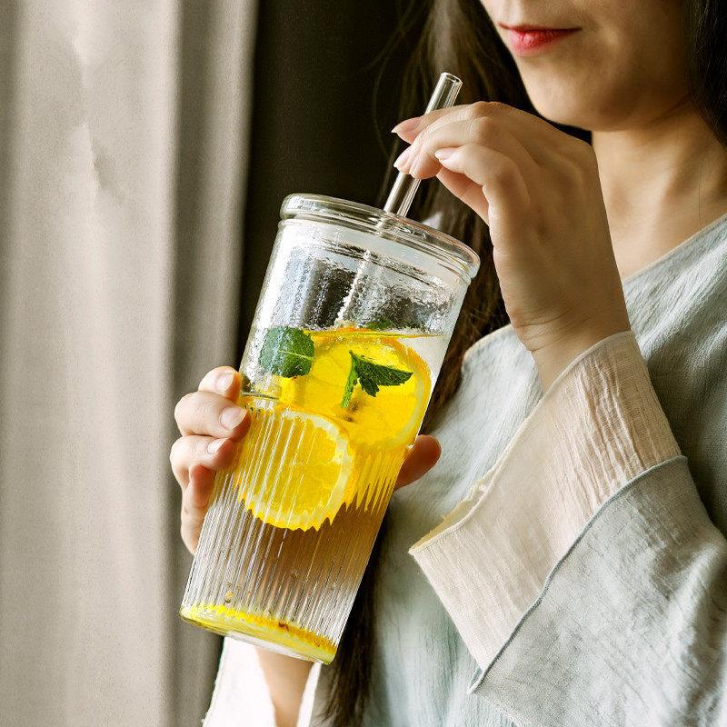 玻璃水杯带吸管女士夏季饮料杯大容量奶茶杯带盖孕妇产妇专用杯子