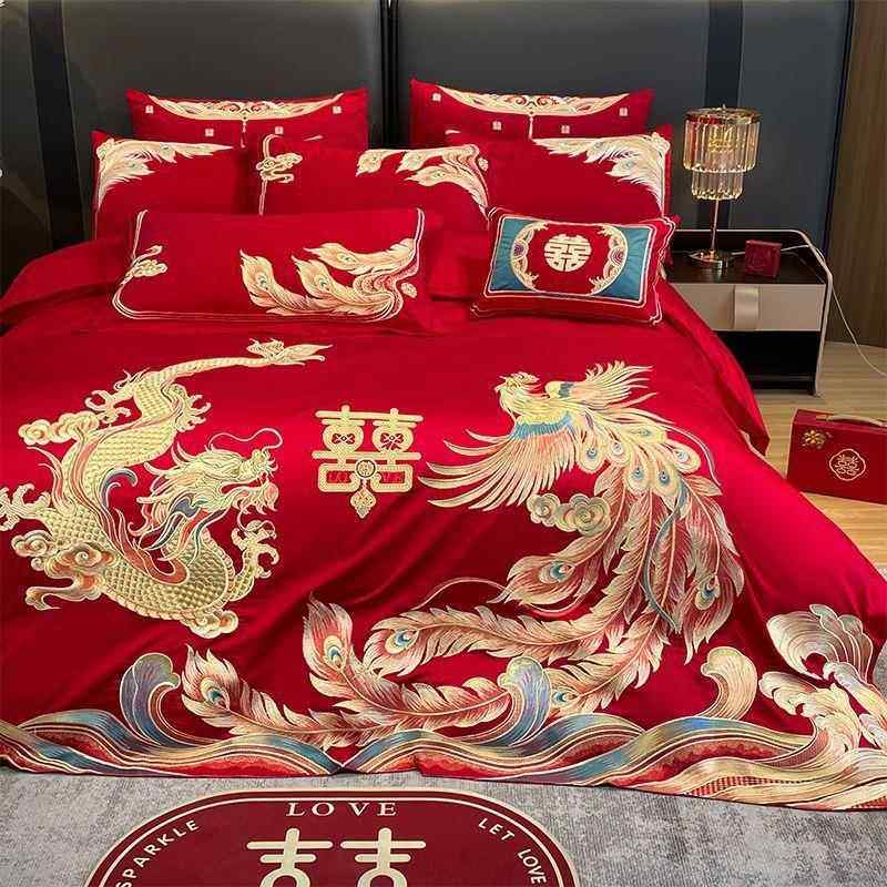婚庆棉四件套KPP红凤刺绣新婚结婚喜庆大件婚嫁床上用品龙凤龙套