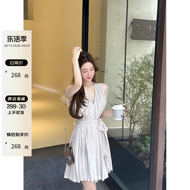 CCZEE 蔷薇 V领无袖褶皱连衣裙收腰连衣裙飘逸压褶短裙女夏季裙子