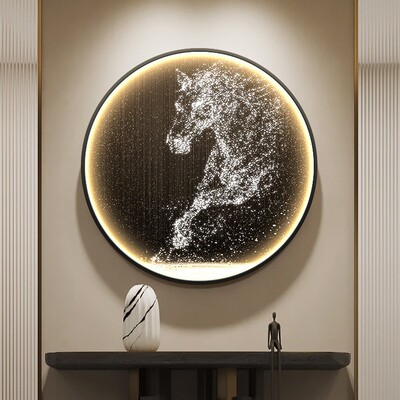高级感玄关装饰画 画轻奢骏马圆形入户带灯挂画 画马到成功走廊尽