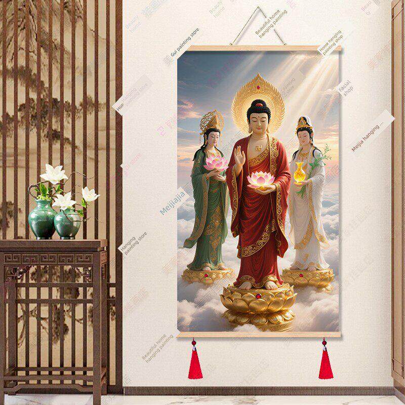 西洋三圣像、中式实木卷轴、入口装饰画、帆布、无打孔、拜殿挂画