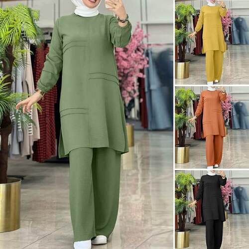Two Piece Sets Shirt Dress Pants Women Muslim Suits Shirt