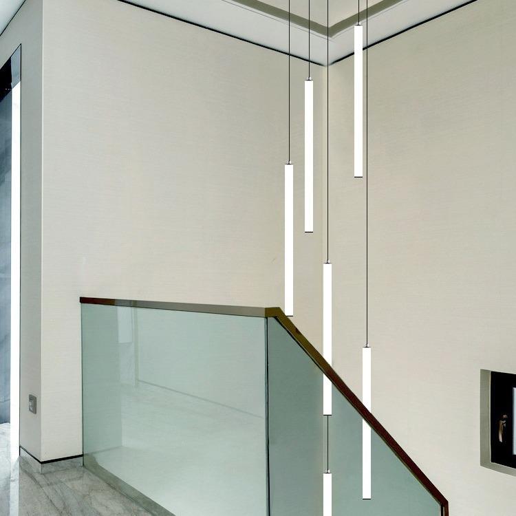 别墅loft复式楼楼梯大厅挑高跃层长吊灯现代简约圆柱设计前台灯具