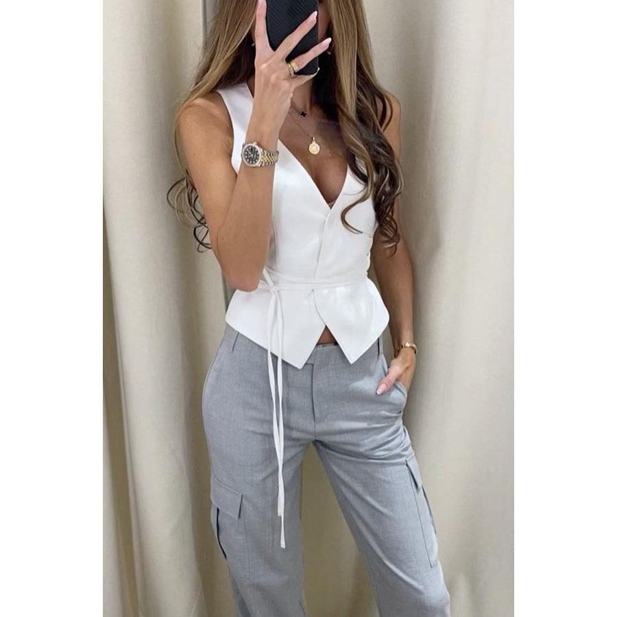 Lace-up casual womens tops vacation loose fashion vest