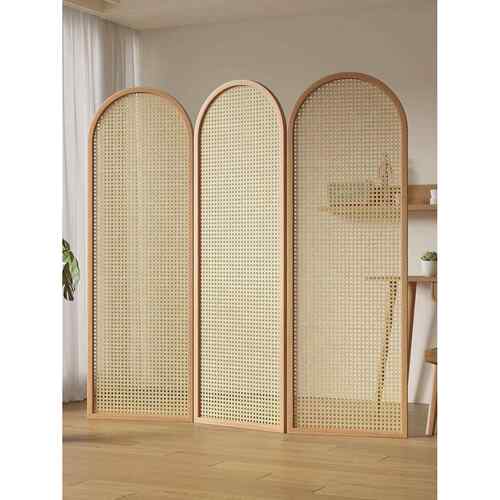 实木日藤编民宿玄关酒厅大堂店屏风日式藤编隔断客折式叠小户入户