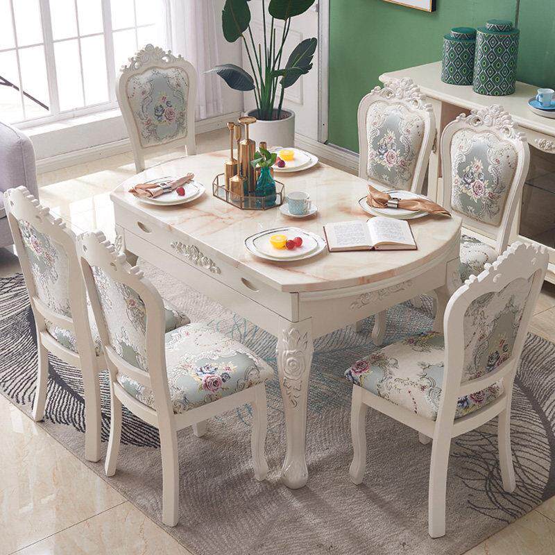 欧式餐桌椅组合实木饭桌现代简约可伸缩折叠大理石圆桌家用小户型