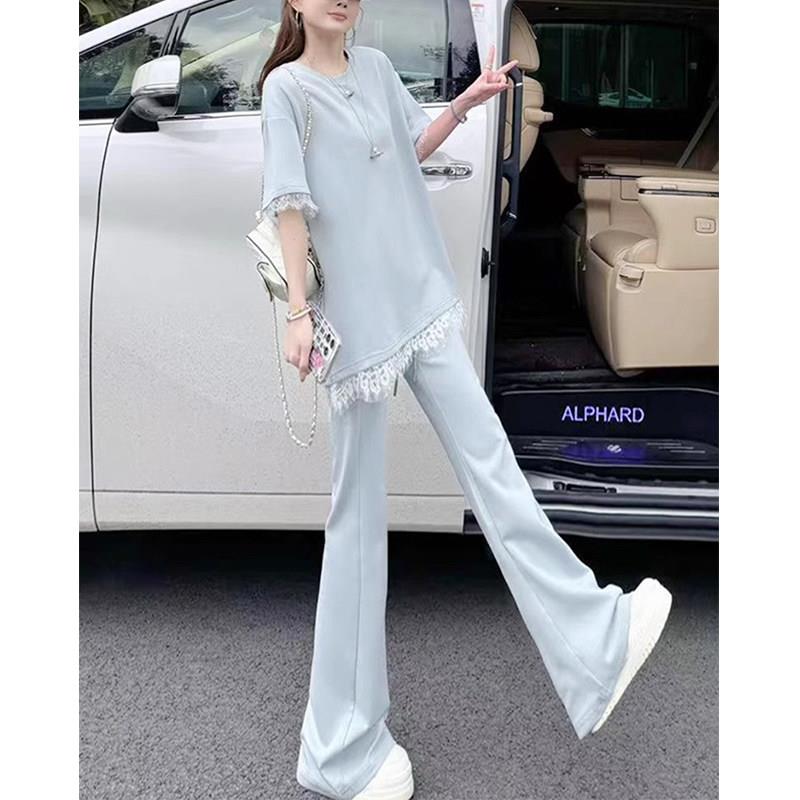 欧洲站休闲运动套装女2026新款夏季慵懒风中长款T恤微喇裤两件套