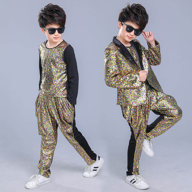 儿童亮片演出服男孩架子鼓爵士舞贝斯萨克斯表演服主持人西装礼服