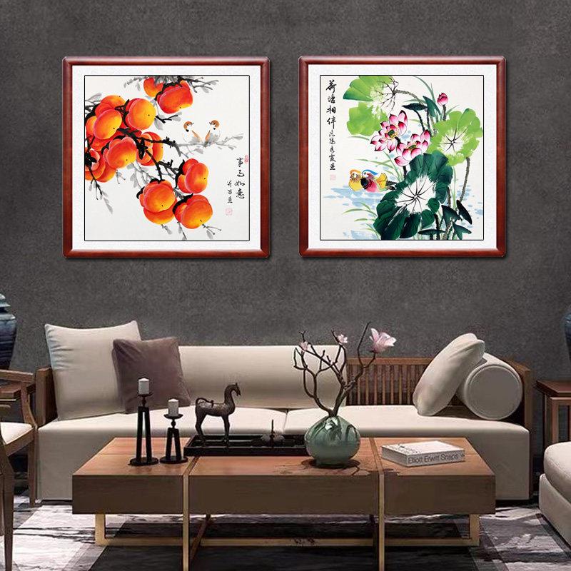 客厅手绘梅花图挂画荷花鸳鸯鲤鱼玄关饭厅斗方画事事如意柿子国画