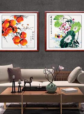 客厅手绘梅花图挂画荷花鸳鸯鲤鱼玄关饭厅斗方画事事如意柿子国画