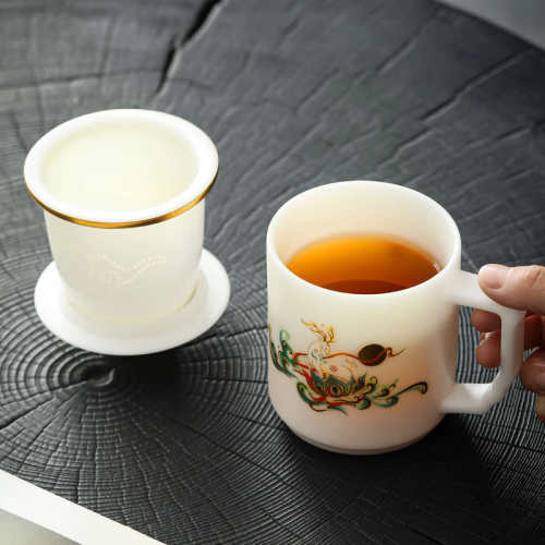 冰种羊脂玉瓷素烧办公杯立体堆料图带过滤高档礼品茶杯水杯办公杯