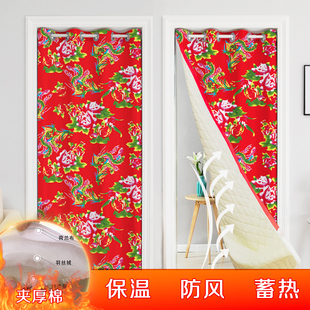 家用夹棉保温门帘阳台挡风帘免打孔防寒防冻东北大花布隔断帘 冬季