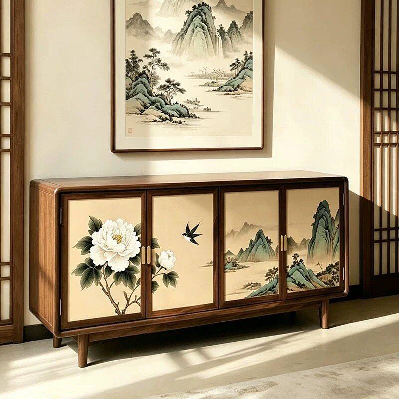 新中式黑胡桃木餐柜收纳柜山水花鸟彩绘宋式美学四门收纳柜定制