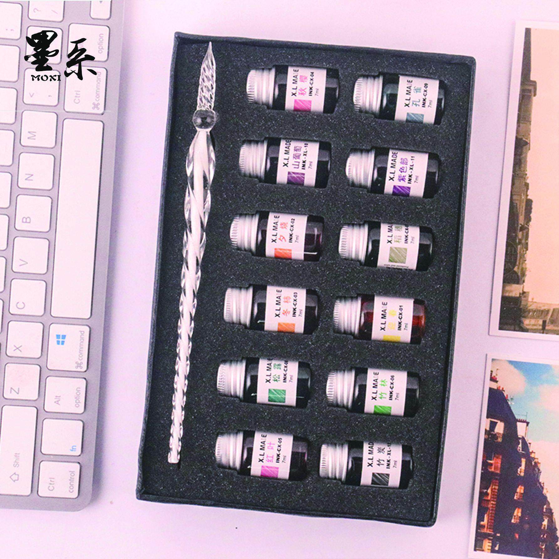 彩色玻璃蘸水笔银箔闪粉圆头玻璃笔新品套装礼创意手工礼品笔套装