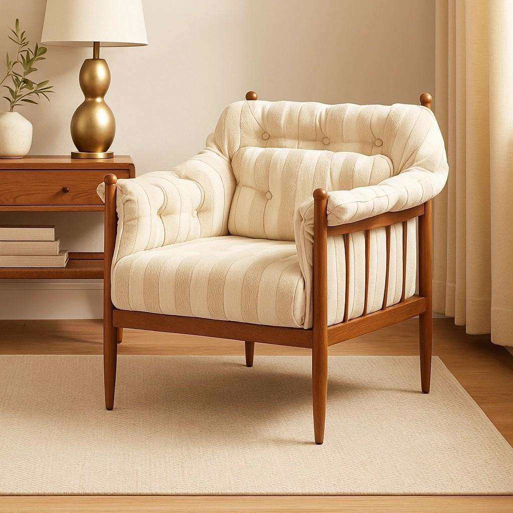 轻法式复古实木休闲椅扶手椅中古民宿客厅阳台设计师条纹单人沙发