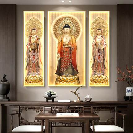 阿弥陀佛画画像佛像装饰画画中堂供奉背景墙挂画画西方三圣佛堂寺