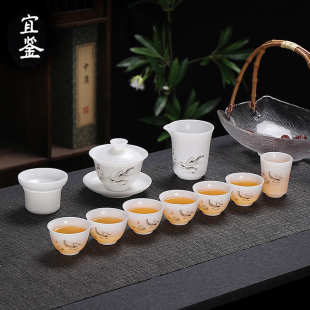 宜茶具素功夫哑冰白瓷瓷鉴家用烧 商用奢虾礼品光种玉趣轻茶具套装