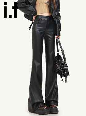 it:CHOCOOLATE黑色pu皮裤女2025新款冬季高腰修身加绒微喇叭裤子