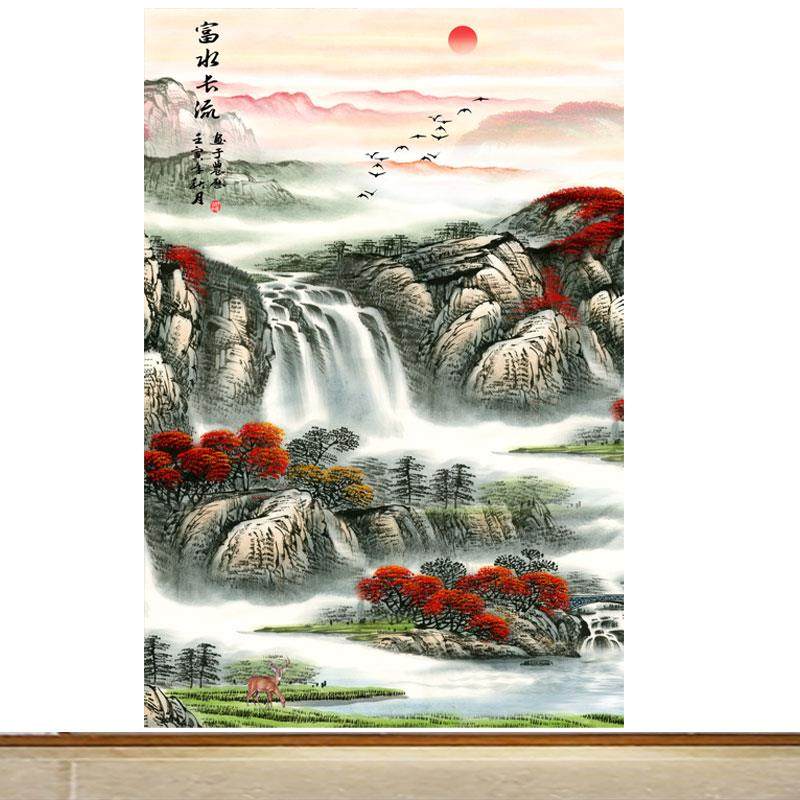 竖版富水长流玄关水墨画客厅背景墙流水生财高山靠山海报自粘贴画,个性定制/设计服务/DIY,写真/海报印制,淘宝优惠券,粉丝福利购,淘宝优惠卷