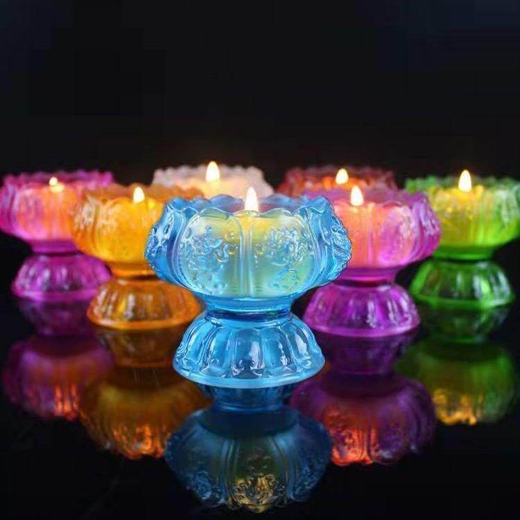 酥油灯底座七彩莲花灯烛台家用供灯佛前圣莲水晶琉璃纯铜长明灯座