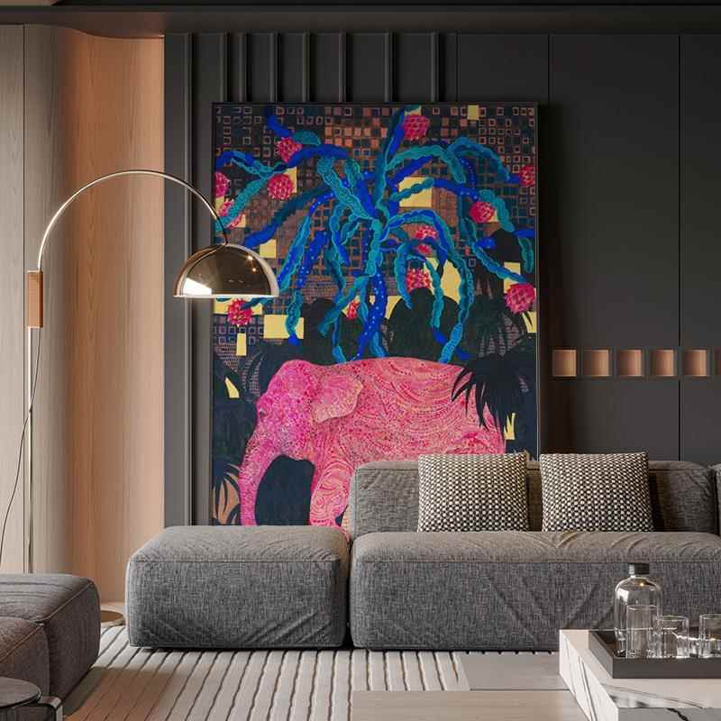 现代中古风大象动物高级感南洋风客厅玄关装饰画背景墙壁画挂画图片